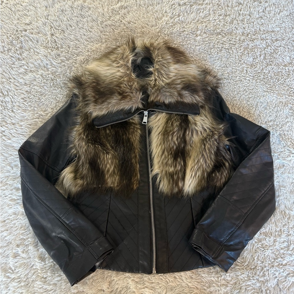 Cavalini Black Faux Leather Jacket with Tan Faux Fur